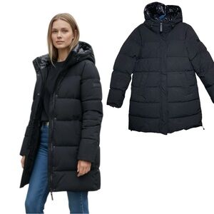 Sanctuary Black 700 Down Hooded Puffer Coat Mid Length M Wind Water Resistant
